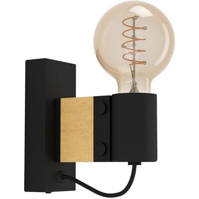 EGLO Bailrigg wandlamp voor binnen, binnenverlichting, FSC100HB, wandlamp voor woonkamer, slaapkamer en hal, natuurlijk hout en zwart metaal, E27 fitting EGLO Bailrigg wandlamp voor binnen, binnenverlichting, FSC100HB, wandlamp voor woonkamer, slaapkamer en hal, natuurlijk hout en zwart metaal, E27 fitting