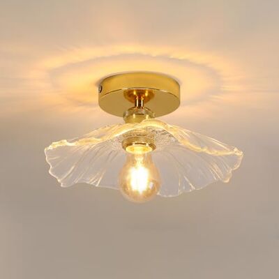 Comely plafondlamp voor hal, E27-fitting, led, dak met bloemvorm, goud, klein daklicht, helder glas, diameter 28 cm, lamp niet inbegrepen Comely plafondlamp voor hal, E27-fitting, led, dak met bloemvorm, goud, klein daklicht, helder glas, diameter 28 cm, lamp niet inbegrepen