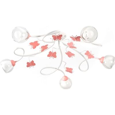 ONLI Plafondlamp met 5 lampen, voor slaapkamer, metaal, wit, met geschilderde vlinders, roze ONLI Plafondlamp met 5 lampen, voor slaapkamer, metaal, wit, met geschilderde vlinders, roze