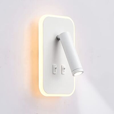 uksunvi Led-wandlamp, leeslamp voor nachtkastje, 12 W, draaibare spot, 3 W + 9 W, 3000 K, warm licht (rechthoek wit) uksunvi Led-wandlamp, leeslamp voor nachtkastje, 12 W, draaibare spot, 3 W + 9 W, 3000 K, warm licht (rechthoek wit)