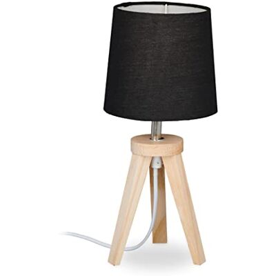 Relaxdays Tafellamp, statief, hout en stof, E14, Scandinavisch design, HxD 31 x 14 cm, bedlamp, natuur/zwart Relaxdays Tafellamp, statief, hout en stof, E14, Scandinavisch design, HxD 31 x 14 cm, bedlamp, natuur/zwart