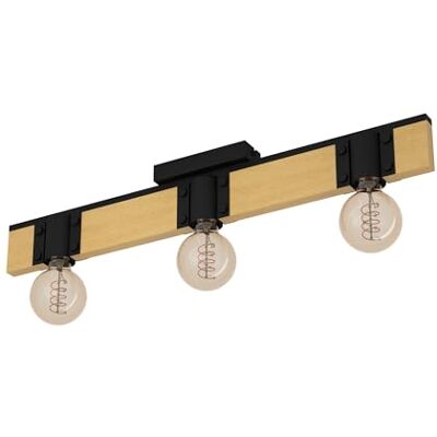 EGLO Bailrigg plafondlamp, rechthoekige plafondspot met 3 lampen, FSC100HB, verlichting voor woonkamer en hal, natuurlijk hout en zwart metaal, E27 fitting EGLO Bailrigg plafondlamp, rechthoekige plafondspot met 3 lampen, FSC100HB, verlichting voor woonkamer en hal, natuurlijk hout en zwart metaal, E27 fitting