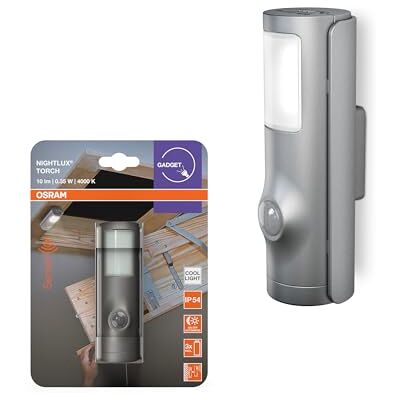 OSRAM Led-nachtlampje, zilverkleurig, 2-in-1 zaklampfunctie, lichtsensor, bewegingsmelder, werkt op batterijen, spatwaterdicht, IP54 OSRAM Led-nachtlampje, zilverkleurig, 2-in-1 zaklampfunctie, lichtsensor, bewegingsmelder, werkt op batterijen, spatwaterdicht, IP54