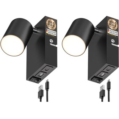 ledscom.de 2 x WAIKA wandlamp, 1 x lichtbron, zwart, USB-C, USB-A, met GU10 ledlamp, 227 lm, warmwit ledscom.de 2 x WAIKA wandlamp, 1 x lichtbron, zwart, USB-C, USB-A, met GU10 ledlamp, 227 lm, warmwit