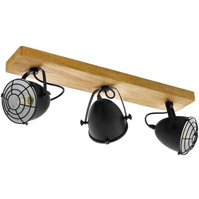 EGLO Gatebeck plafondlamp, 3 fittingen, vintage, industrieel, retro, plafondspot van staal in zwart en hout, naturel, woonkamerlamp, keukenlamp met E14-fitting EGLO Gatebeck plafondlamp, 3 fittingen, vintage, industrieel, retro, plafondspot van staal in zwart en hout, naturel, woonkamerlamp, keukenlamp met E14-fitting
