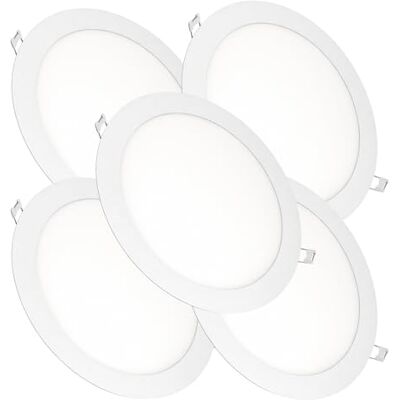 JANDEI Set van 5 18W LED inbouw plafondlampen, downlights rond, plat, met mat witte aluminium ring, driver inbegrepen, koud wit licht 6000K JANDEI Set van 5 18W LED inbouw plafondlampen, downlights rond, plat, met mat witte aluminium ring, driver inbegrepen, koud wit licht 6000K