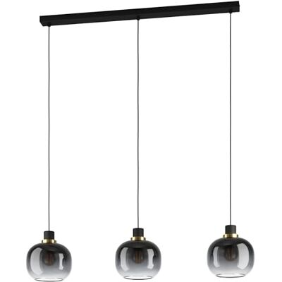 EGLO Oilella Hanglamp, 3 vlammen, rookglas, eettafel, plafondlamp, metaal en wereldbol, zwart-grijs, met messing, E27-fitting, L 95 cm EGLO Oilella Hanglamp, 3 vlammen, rookglas, eettafel, plafondlamp, metaal en wereldbol, zwart-grijs, met messing, E27-fitting, L 95 cm