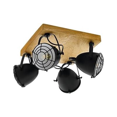 EGLO Gatebeck plafondlamp met 4 fittingen, vintage, industrieel, retro, plafondspot van staal in zwart en hout, naturel, woonkamerlamp, keukenlamp met E14-fitting EGLO Gatebeck plafondlamp met 4 fittingen, vintage, industrieel, retro, plafondspot van staal in zwart en hout, naturel, woonkamerlamp, keukenlamp met E14-fitting