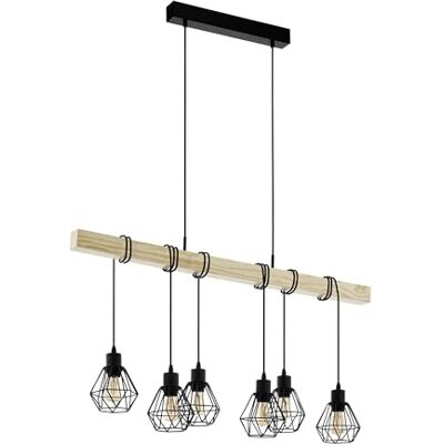 EGLO pendellamp TOWNSHEND 5, 6 lichtbronnen vintage pendelarmatuur in industrieel ontwerp, retro hanglamp van staal en hout, kleur: zwart, bruin, fitting: E27 EGLO pendellamp TOWNSHEND 5, 6 lichtbronnen vintage pendelarmatuur in industrieel ontwerp, retro hanglamp van staal en hout, kleur: zwart, bruin, fitting: E27