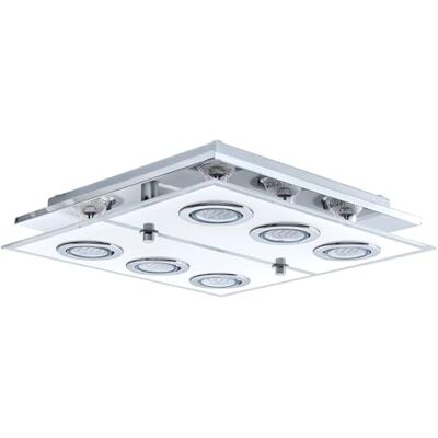 EGLO Cabo ledplafondlamp, plafondlamp met 6 fittingen, roestvrij staal en gesatineerd glas, woonkamerlamp in chroom en wit, heldere keukenlamp, hallamp met GU10-fitting, lengte x breedte 34 cm EGLO Cabo ledplafondlamp, plafondlamp met 6 fittingen, roestvrij staal en gesatineerd glas, woonkamerlamp in chroom en wit, heldere keukenlamp, hallamp met GU10-fitting, lengte x breedte 34 cm