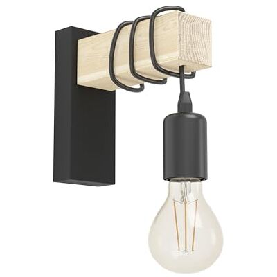 EGLO Townshend Wandlamp, vintage vlam wandlamp in industrieel design, retro lamp van staal en hout, zwart, bruin, FSC-gecertificeerd, E27 fitting EGLO Townshend Wandlamp, vintage vlam wandlamp in industrieel design, retro lamp van staal en hout, zwart, bruin, FSC-gecertificeerd, E27 fitting