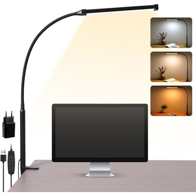 LIBORA Led-bureaulamp met klem, 3 kleurmodi en 10 helderheidsniveaus, daglicht, oogbescherming, leeslamp met flexibele zwanenhals, 360 graden verstelbaar, zwart LIBORA Led-bureaulamp met klem, 3 kleurmodi en 10 helderheidsniveaus, daglicht, oogbescherming, leeslamp met flexibele zwanenhals, 360 graden verstelbaar, zwart