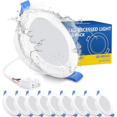 ZIZZLER Led-inbouwspots, badkamer, plafond, 10 stuks, extra plat, gat 68 mm, koud wit 6000 K, waterdicht IP44, 5 W, 220 V, diameter 90 mm, voor binnen, keuken, badkamer ZIZZLER Led-inbouwspots, badkamer, plafond, 10 stuks, extra plat, gat 68 mm, koud wit 6000 K, waterdicht IP44, 5 W, 220 V, diameter 90 mm, voor binnen, keuken, badkamer