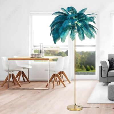 YYUTLUO Moderne verenlamp, vloerlamp van natuurlijke struisvogelveren, hoogte 160 cm, gouden paal en voet, 3 kleurtemperaturen, G4 ledlampen, woonkamer, kinderkamer, kantoor (blauw) YYUTLUO Moderne verenlamp, vloerlamp van natuurlijke struisvogelveren, hoogte 160 cm, gouden paal en voet, 3 kleurtemperaturen, G4 ledlampen, woonkamer, kinderkamer, kantoor (blauw)