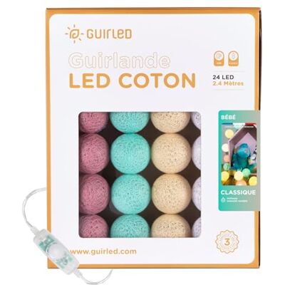 GuirLED Lichtketting met bolletjes van katoen, USB, 2 uur nachtlampje voor baby's, incl. 2 A dubbele USB-adapter, 3 intensiteiten, 24 bolletjes, 2,4m, Bébé GuirLED Lichtketting met bolletjes van katoen, USB, 2 uur nachtlampje voor baby's, incl. 2 A dubbele USB-adapter, 3 intensiteiten, 24 bolletjes, 2,4m, Bébé