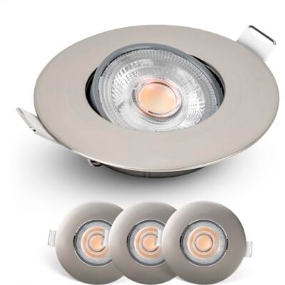 EMOS LED-inbouwspot 230V, 5W / 450lm, 50° verstelbaar, LED-plafondinbouwlamp, warm wit 3000K, set van 3 plafondspots voor binnen, extra vlak, rond, geborsteld zilver EMOS LED-inbouwspot 230V, 5W / 450lm, 50° verstelbaar, LED-plafondinbouwlamp, warm wit 3000K, set van 3 plafondspots voor binnen, extra vlak, rond, geborsteld zilver