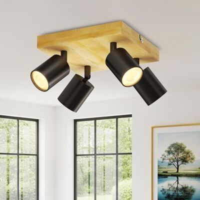 LVWIT Plafondlamp, 4 spots, GU10, binnenverlichting, zwart, plafondlamp van hout met vierkante voet, plafondspot, led-kroonluchter, woonkamer, wandlamp slaapkamer (zonder lampen) LVWIT Plafondlamp, 4 spots, GU10, binnenverlichting, zwart, plafondlamp van hout met vierkante voet, plafondspot, led-kroonluchter, woonkamer, wandlamp slaapkamer (zonder lampen)