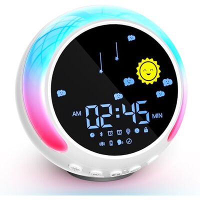 NEUTYPECHIC Educatieve wekker voor kinderen, dag en nacht, Bluetooth, snooze, pedagogische wekker, witte ruis, verlichte wekker voor kinderen, 5 helderheidsniveaus, 11 kleuren, nachtlampje voor kinderen met luidspreker NEUTYPECHIC Educatieve wekker voor kinderen, dag en nacht, Bluetooth, snooze, pedagogische wekker, witte ruis, verlichte wekker voor kinderen, 5 helderheidsniveaus, 11 kleuren, nachtlampje voor kinderen met luidspreker