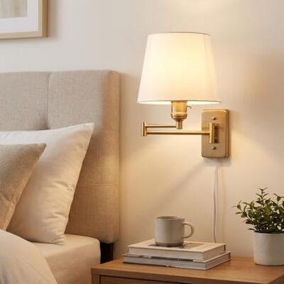 B·LED BARCELONA LED BarcelonaLED Moderne Scharnierarm Wandlamp Nordic Goud met Stekkerkabel en Schakelaar Witte Stoffen Lampenkap E27 Plug Lezen Slaapkamer Nachtkastje Hotel B·LED BARCELONA LED BarcelonaLED Moderne Scharnierarm Wandlamp Nordic Goud met Stekkerkabel en Schakelaar Witte Stoffen Lampenkap E27 Plug Lezen Slaapkamer Nachtkastje Hotel