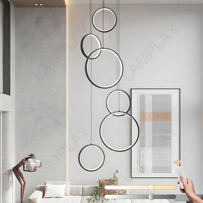 LAMPLAY Led-trapkroonluchter, moderne hoge plafondlamp met 6 zwarte ringen, in hoogte verstelbare hanglamp voor ingang, dimmer met afstandsbediening, 3000 K-6000 K, hal, woonkamer, trap LAMPLAY Led-trapkroonluchter, moderne hoge plafondlamp met 6 zwarte ringen, in hoogte verstelbare hanglamp voor ingang, dimmer met afstandsbediening, 3000 K-6000 K, hal, woonkamer, trap
