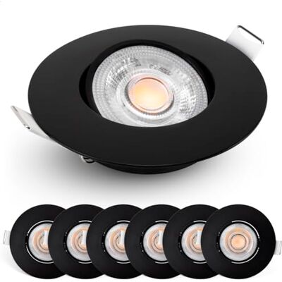 EMOS Led-inbouwspot, dimbaar, 230 V, 4,9 W/480 lm, 50 graden draaibaar, warm wit 2700 K, set van 6 dimbare led-plafondspots voor binnen, led-inbouwplafondlamp, zwart EMOS Led-inbouwspot, dimbaar, 230 V, 4,9 W/480 lm, 50 graden draaibaar, warm wit 2700 K, set van 6 dimbare led-plafondspots voor binnen, led-inbouwplafondlamp, zwart