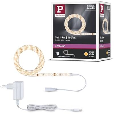 Paulmann 78953 SimpLED LED Strip Kit 1,5 m Warm Wit 230/12V DC incl. 1x5W Strips Wit Kunststof Lichtstrip Lichtbalk 3000K Paulmann 78953 SimpLED LED Strip Kit 1,5 m Warm Wit 230/12V DC incl. 1x5W Strips Wit Kunststof Lichtstrip Lichtbalk 3000K