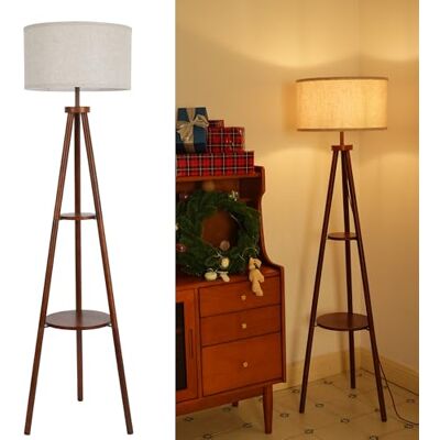 LuminexDesigns Statief staande lamp met linnen lampenkap, dubbele planken voor woonkamer, zonder lamp LuminexDesigns Statief staande lamp met linnen lampenkap, dubbele planken voor woonkamer, zonder lamp