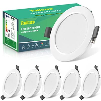 Tailcas Led-inbouwspot, 5 W, 450 lm, spot, badkamer, IP44, 230 V, 6 stuks, warmwit, 3000 K, 25 mm, gat 68-80 mm, platte ronde plafondspots voor badkamer, keuken, woonkamer, hal Tailcas Led-inbouwspot, 5 W, 450 lm, spot, badkamer, IP44, 230 V, 6 stuks, warmwit, 3000 K, 25 mm, gat 68-80 mm, platte ronde plafondspots voor badkamer, keuken, woonkamer, hal