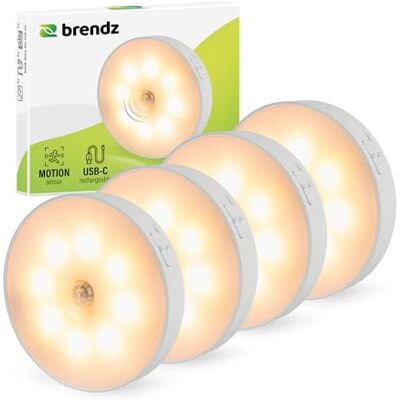 Brendz Lamp met bewegingsmelder, rond, oplaadbaar via USB-C, magnetisch, 4 stuks, warm wit, 3000 K, oplaadbare ledlamp, kastlamp Brendz Lamp met bewegingsmelder, rond, oplaadbaar via USB-C, magnetisch, 4 stuks, warm wit, 3000 K, oplaadbare ledlamp, kastlamp