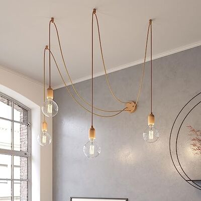 Creative Spider Wall Meervoudige hanglamp met 4 armen, gemaakt in Italië, met textielkabel en houten afwerking zonder lamp, neutraal Creative Spider Wall Meervoudige hanglamp met 4 armen, gemaakt in Italië, met textielkabel en houten afwerking zonder lamp, neutraal