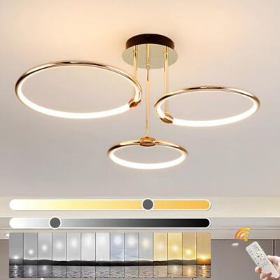 YYUTLUO Led-plafondlamp, Ø 56 cm, kroonluchter van goudkleurig metaal, 60 W, traploos dimbaar, 3000-6000 K, moderne ronde gegalvaniseerde hanger, slaapkamer, woonkamer, kinderen, kantoor, studeerkamer, keuken, hal (3 ringen) YYUTLUO Led-plafondlamp, Ø 56 cm, kroonluchter van goudkleurig metaal, 60 W, traploos dimbaar, 3000-6000 K, moderne ronde gegalvaniseerde hanger, slaapkamer, woonkamer, kinderen, kantoor, studeerkamer, keuken, hal (3 ringen)