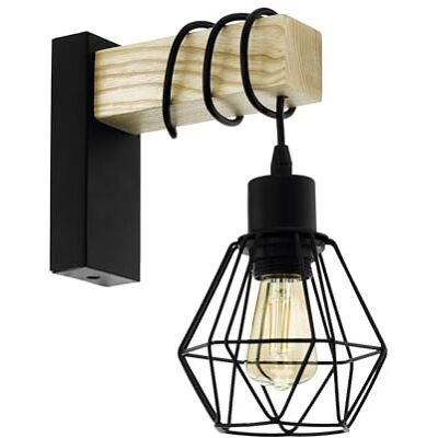 EGLO Townshend 5 binnenwandlamp, binnenverlichting in vintage en industrieel design, retro lamp van zwart staal en hout, FSC-gecertificeerd, E27-fitting EGLO Townshend 5 binnenwandlamp, binnenverlichting in vintage en industrieel design, retro lamp van zwart staal en hout, FSC-gecertificeerd, E27-fitting