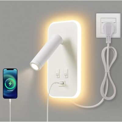 AWEKLIY Led-wandlamp, leeslamp met schakelaar, USB-oplaadpoort, verstelbare sfeerverlichting voor slaapkamer (natuurlijk licht 3 W + warm licht 9 W) met kabelstekker, wit AWEKLIY Led-wandlamp, leeslamp met schakelaar, USB-oplaadpoort, verstelbare sfeerverlichting voor slaapkamer (natuurlijk licht 3 W + warm licht 9 W) met kabelstekker, wit