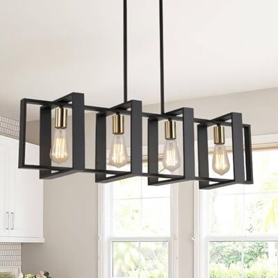 HTsilphelene Eetkamer kroonluchter, keukeneiland verlichting, 4 lampen tafelkroonluchter, rechthoekig eilandlicht voor eetkamer en woonkamer, E27 HTsilphelene Eetkamer kroonluchter, keukeneiland verlichting, 4 lampen tafelkroonluchter, rechthoekig eilandlicht voor eetkamer en woonkamer, E27
