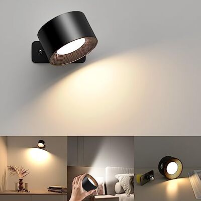Mexllex Led-wandlamp voor binnen, 3 helderheidsniveaus, 3 kleurmodi, bedlamp, draadloos, 360 graden draaibaar, voor woonkamer, slaapkamer, hal (zwart) Mexllex Led-wandlamp voor binnen, 3 helderheidsniveaus, 3 kleurmodi, bedlamp, draadloos, 360 graden draaibaar, voor woonkamer, slaapkamer, hal (zwart)
