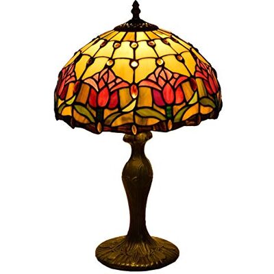 Lywins Tiffany Lamp, Vintage Bloem Gebrandschilderd Glas Stijl Tafellamp, Slaapkamer Lamp Art Deco Vintage Woonkamer Tafellamp (Roze Rood) Lywins Tiffany Lamp, Vintage Bloem Gebrandschilderd Glas Stijl Tafellamp, Slaapkamer Lamp Art Deco Vintage Woonkamer Tafellamp (Roze Rood)