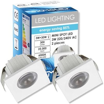 Sigmaled lighting , 2 x mini-led-inbouwspot, 3 W, dimbaar, 6000 K, koudwit, vierkant, aluminium, Ø 35 x 25 mm, gat 30 mm, straal 30°, plafondverlichting, meubels, trap, 220-240 V, direct, 1 doos met 2 Sigmaled lighting , 2 x mini-led-inbouwspot, 3 W, dimbaar, 6000 K, koudwit, vierkant, aluminium, Ø 35 x 25 mm, gat 30 mm, straal 30°, plafondverlichting, meubels, trap, 220-240 V, direct, 1 doos met 2