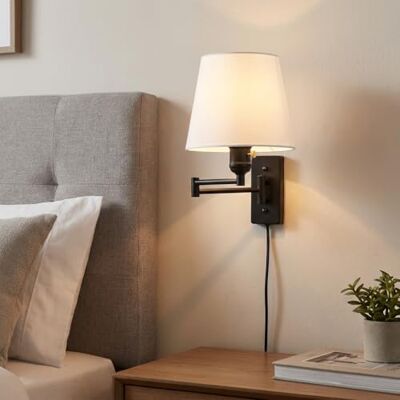 B·LED BARCELONA LED BarcelonaLED wandlamp met scharnierarm zwart Scandinavisch modern met stekkerkabel en schakelaar stoffen lampenkap wit E27 fitting voor lezen slaapkamer nachtkastje hotel B·LED BARCELONA LED BarcelonaLED wandlamp met scharnierarm zwart Scandinavisch modern met stekkerkabel en schakelaar stoffen lampenkap wit E27 fitting voor lezen slaapkamer nachtkastje hotel
