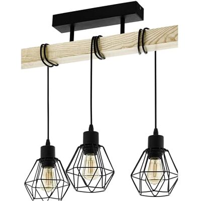 EGLO Townshend 5 Hanglamp, kroonluchter met 3 lampen, vintage en industrieel design, retro verlichting van zwart staal en hout, FSC-gecertificeerd, E27-fitting EGLO Townshend 5 Hanglamp, kroonluchter met 3 lampen, vintage en industrieel design, retro verlichting van zwart staal en hout, FSC-gecertificeerd, E27-fitting
