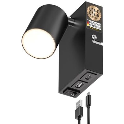 ledscom.de WAIKA Wandlamp met USB-C & USB-A, bedlampje voor wandmontage met schakelaar, zwart, GU10 max. 15W ledscom.de WAIKA Wandlamp met USB-C & USB-A, bedlampje voor wandmontage met schakelaar, zwart, GU10 max. 15W