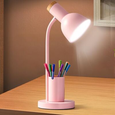 Leikurvo Led-bureaulamp voor kinderen, 3 kleurmodi, bedlampje van metaal met penhouder, E27-fitting, studielamp voor slaapkamer, woonkamer, kantoor (roze) Leikurvo Led-bureaulamp voor kinderen, 3 kleurmodi, bedlampje van metaal met penhouder, E27-fitting, studielamp voor slaapkamer, woonkamer, kantoor (roze)