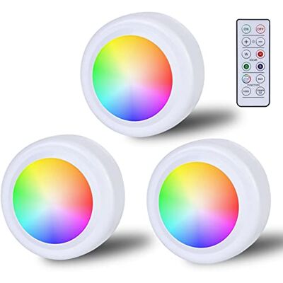 Leikurvo RGB led-spot, werkt op batterijen met afstandsbediening, 16 kleurveranderingen, kastverlichting, dimbaar, draadloos, touch-lamp, timer en geheugenfunctie Leikurvo RGB led-spot, werkt op batterijen met afstandsbediening, 16 kleurveranderingen, kastverlichting, dimbaar, draadloos, touch-lamp, timer en geheugenfunctie