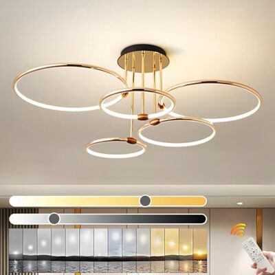 YYUTLUO Led-plafondlamp, Ø 93 cm, kroonluchter van goudkleurig metaal, 108 W, traploos dimbaar, 3000-6000 K, moderne ronde gegalvaniseerde hanger, slaapkamer, woonkamer, kinderen, kantoor, studeerkamer, keuken, hal (5 ringen) YYUTLUO Led-plafondlamp, Ø 93 cm, kroonluchter van goudkleurig metaal, 108 W, traploos dimbaar, 3000-6000 K, moderne ronde gegalvaniseerde hanger, slaapkamer, woonkamer, kinderen, kantoor, studeerkamer, keuken, hal (5 ringen)