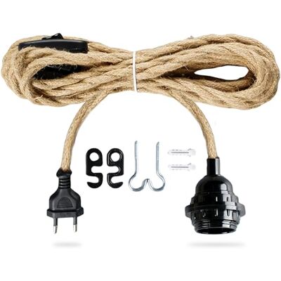 LEKEFETO Vintage lampkabel, E27, E27-fitting, hanglamp met stekker, 4,5 m, henneptouw, textielkabel met schakelaar, voor doe-het-zelf vloerlampen, vintage kroonluchter LEKEFETO Vintage lampkabel, E27, E27-fitting, hanglamp met stekker, 4,5 m, henneptouw, textielkabel met schakelaar, voor doe-het-zelf vloerlampen, vintage kroonluchter