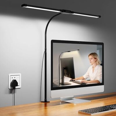Woputne Led-bureaulamp, dubbele kop, met klem en adapter, 5 V, 2 A, 12 W, 960 lm, 5 kleurmodi en 10 helderheidsniveaus, flexibele zwanenhals, oogbescherming, voor kantoor, lezen, studeren Woputne Led-bureaulamp, dubbele kop, met klem en adapter, 5 V, 2 A, 12 W, 960 lm, 5 kleurmodi en 10 helderheidsniveaus, flexibele zwanenhals, oogbescherming, voor kantoor, lezen, studeren