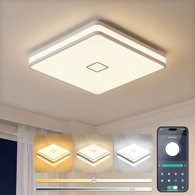 Öuesen Led-plafondlamp, dimbaar, 24 W, App Smart plafondlamp, 3000-5000 K, warm, natuurlijk en koud licht, IP44, moderne led-kroonluchter voor badkamer, keuken, slaapkamer, woonkamer Öuesen Led-plafondlamp, dimbaar, 24 W, App Smart plafondlamp, 3000-5000 K, warm, natuurlijk en koud licht, IP44, moderne led-kroonluchter voor badkamer, keuken, slaapkamer, woonkamer