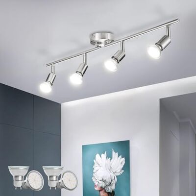 Bojim Led-plafondlamp, 4 spots, plafondlamp, kroonluchter, draaibaar, GU10-licht, keukenlamp, lamp, neutraal wit, incl 4 x 6 W, voor binnen, eetkamer, woonkamer, badkamer, mat nikkel Bojim Led-plafondlamp, 4 spots, plafondlamp, kroonluchter, draaibaar, GU10-licht, keukenlamp, lamp, neutraal wit, incl 4 x 6 W, voor binnen, eetkamer, woonkamer, badkamer, mat nikkel