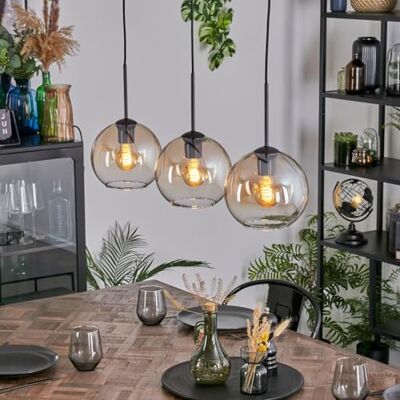 hofstein Hanglamp Koyoto, 3 lampen van metaal/glas zwart/amber/transparant, moderne hanglamp in retro/vintage design, lampenkap Ø 20 cm, E27, eetkamer, woonkamer, keuken hofstein Hanglamp Koyoto, 3 lampen van metaal/glas zwart/amber/transparant, moderne hanglamp in retro/vintage design, lampenkap Ø 20 cm, E27, eetkamer, woonkamer, keuken
