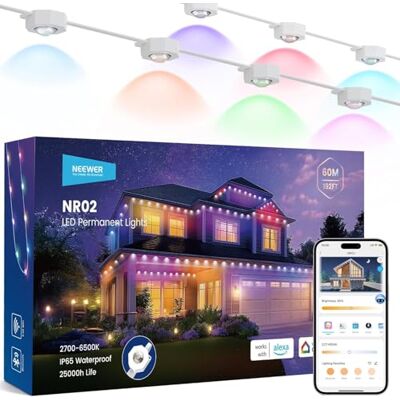 NEEWER 60 m permanente buitenverlichting voor huisdecoratie, lichtkettingen voor buiten, AI RGBCW intelligente kerstgoten, 120 leds, app-bediening, 50+ scènes, IP65 waterdicht NEEWER 60 m permanente buitenverlichting voor huisdecoratie, lichtkettingen voor buiten, AI RGBCW intelligente kerstgoten, 120 leds, app-bediening, 50+ scènes, IP65 waterdicht