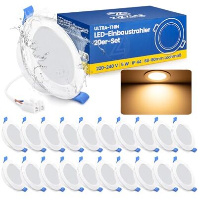 ZIZZLER Led-inbouwspots, badkamer, plafond, 20 stuks, extra plat, gat 68 mm, warm wit 3000 K, waterdicht IP44, 5 W, 220 V, diameter 90 mm, voor binnen, keuken, badkamer ZIZZLER Led-inbouwspots, badkamer, plafond, 20 stuks, extra plat, gat 68 mm, warm wit 3000 K, waterdicht IP44, 5 W, 220 V, diameter 90 mm, voor binnen, keuken, badkamer